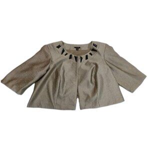 LE Bos Sz 22W Women Cropped Jacket Gold Big Black Stone Open Front 3/4 Sleeve